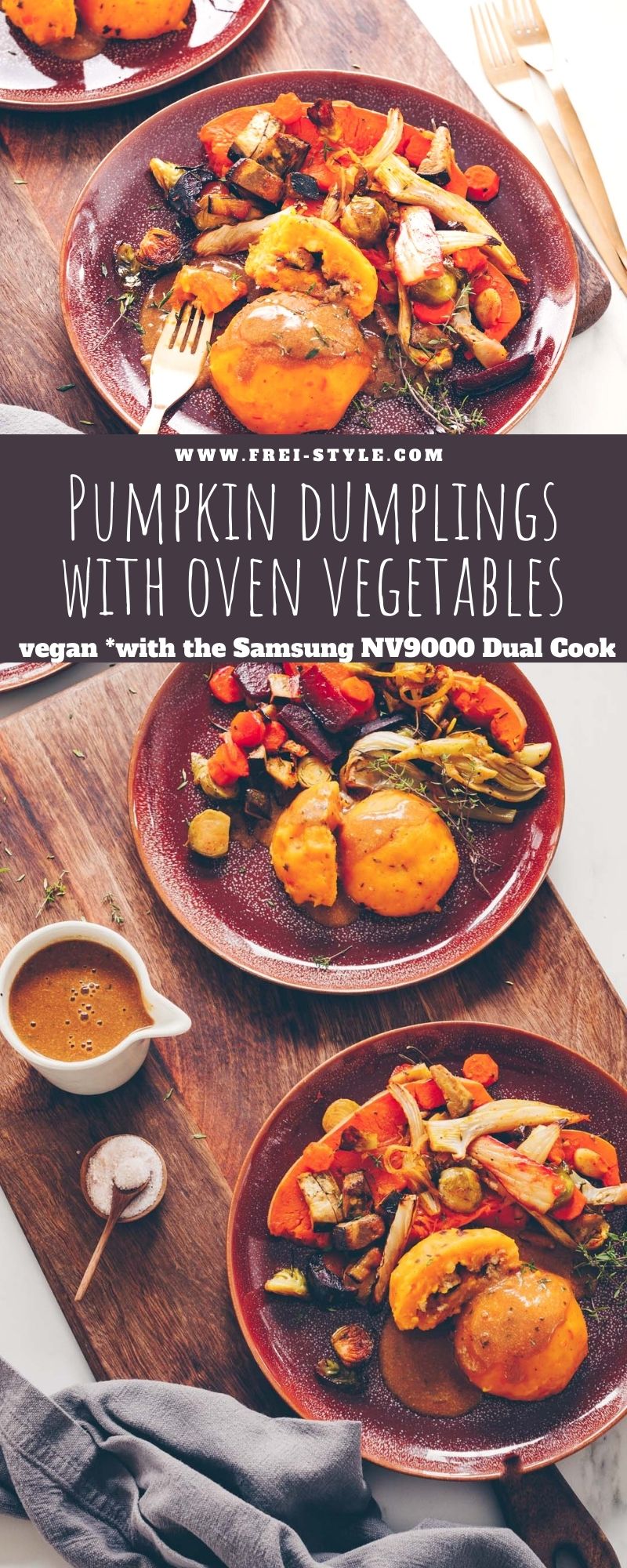 Pumpkin dumplings with oven vegetables