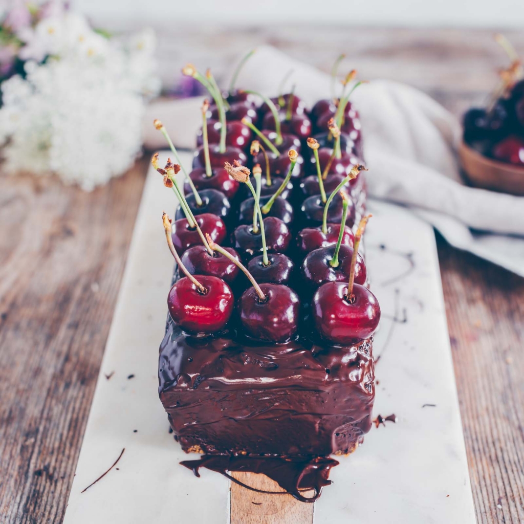Chocolate cake with zucchini and cherries