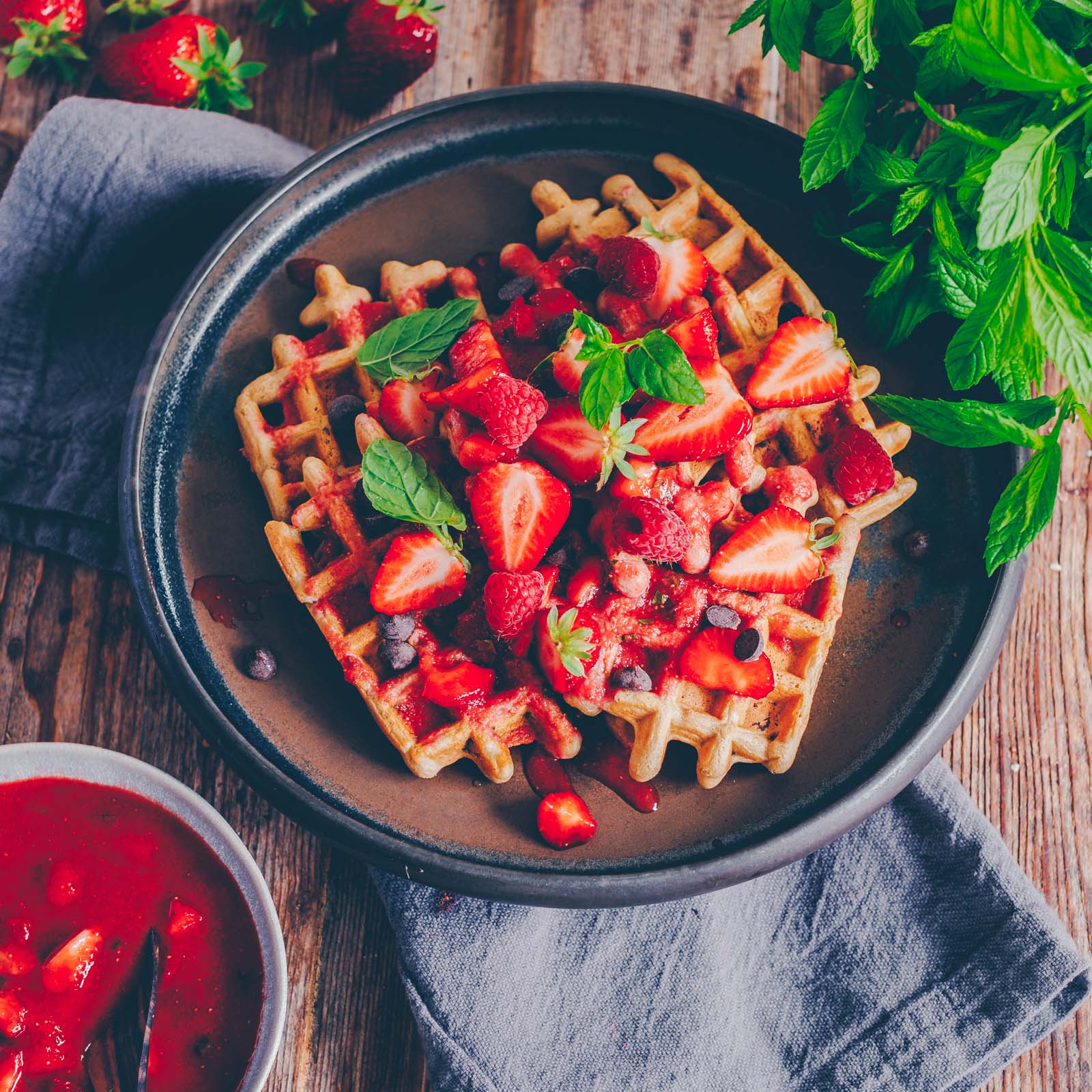 Waffles with strawberry mint sauce