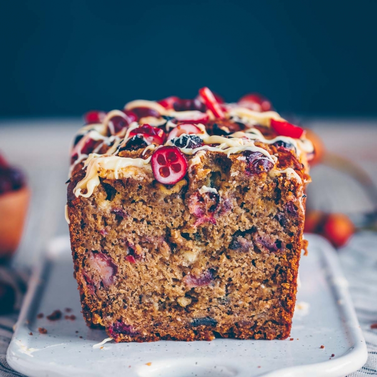 Banana bread with cranberries and white chocolate