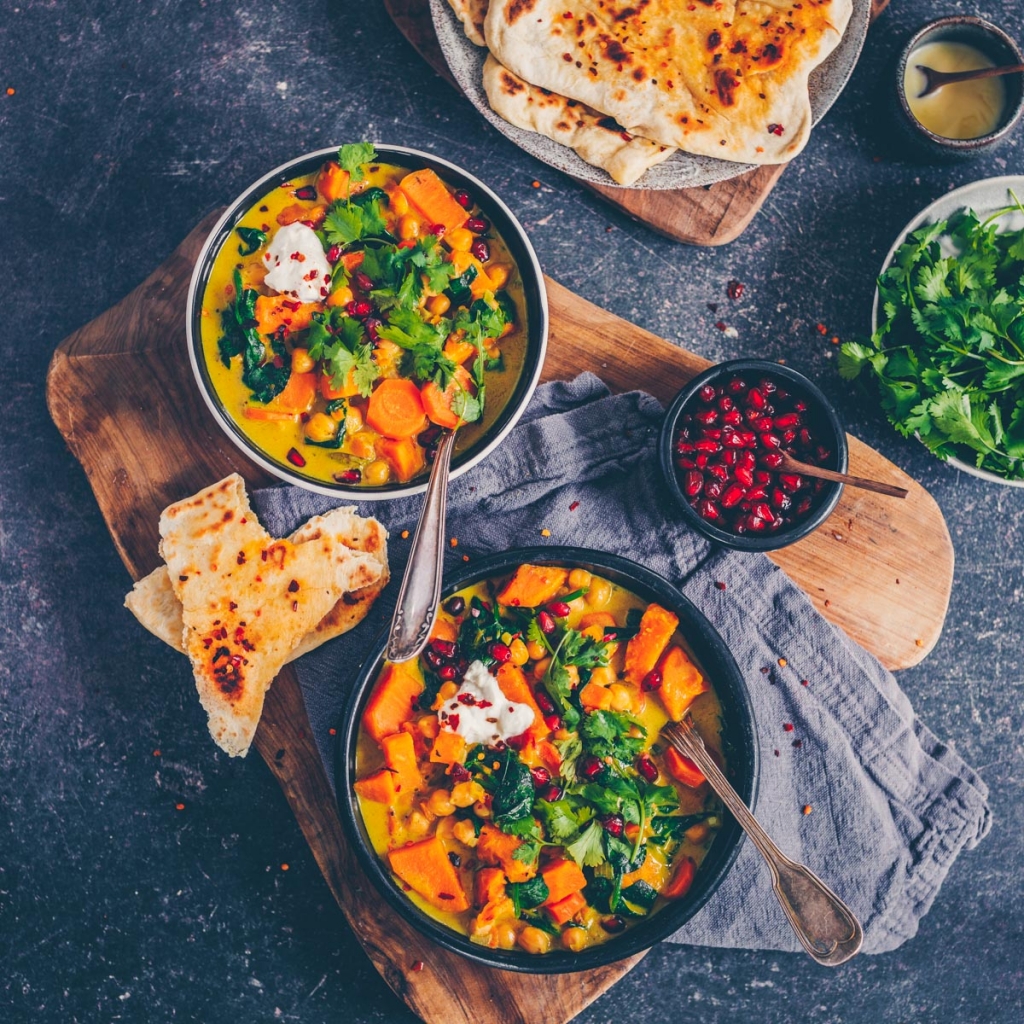 Sweet potato curry with chili naan