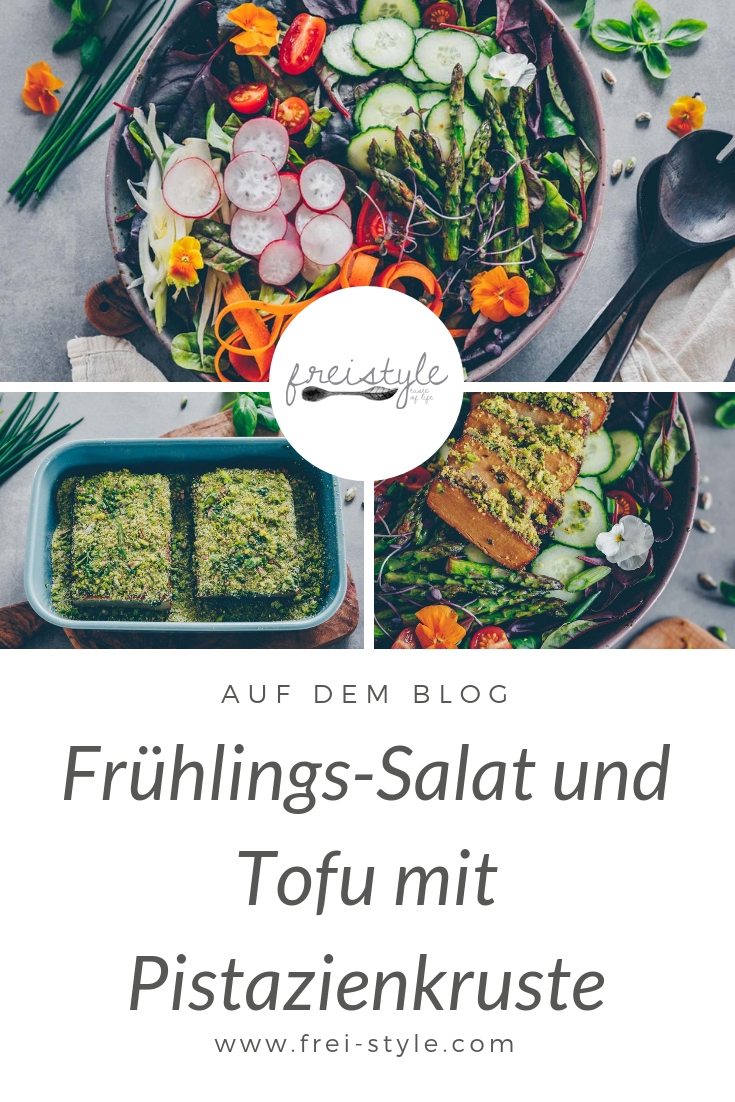 Frühlings-Salat und Tofu mit Pistazienkruste