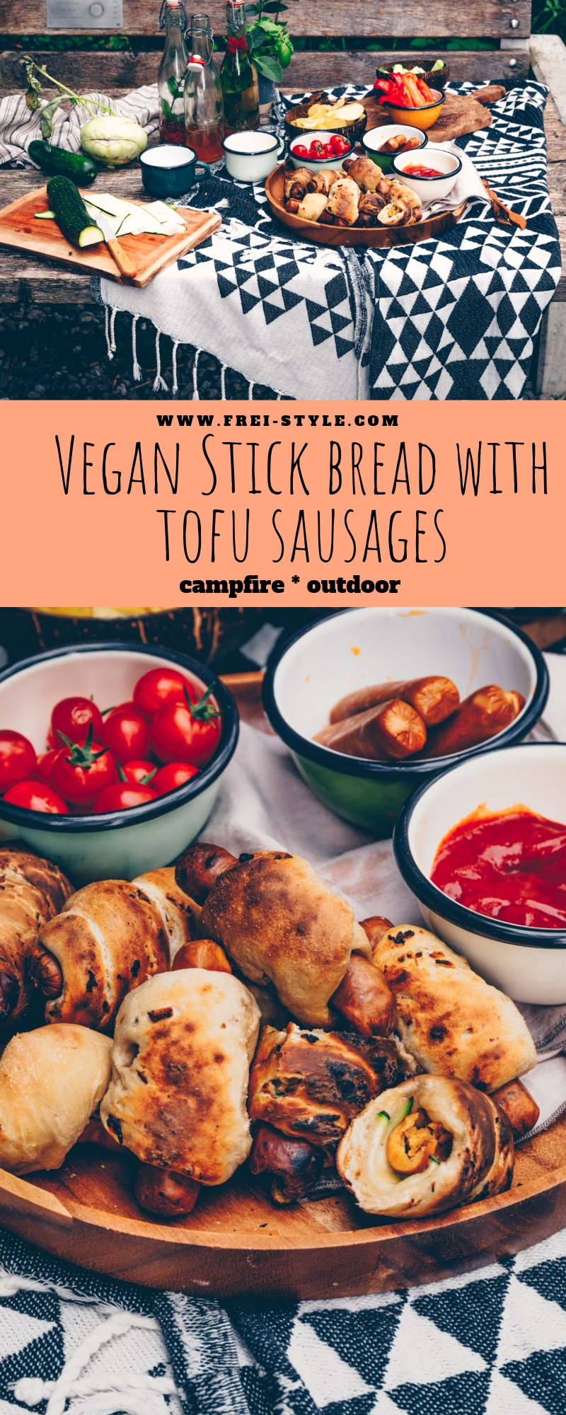 Vegan stick bread with tofu sausages