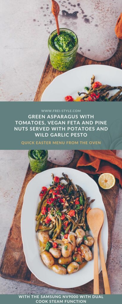 GREEN ASPARAGUS WITH TOMATOES, VEGAN FETA AND PINE NUTS SERVED WITH POTATOES AND WILD GARLIC PESTO.